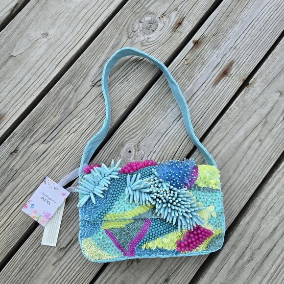 Handcrafted India Beaded Coastal Shoulder Bag Viral TikTok 9.5x5x1.75 Sequin NWT - Picture 1 of 7